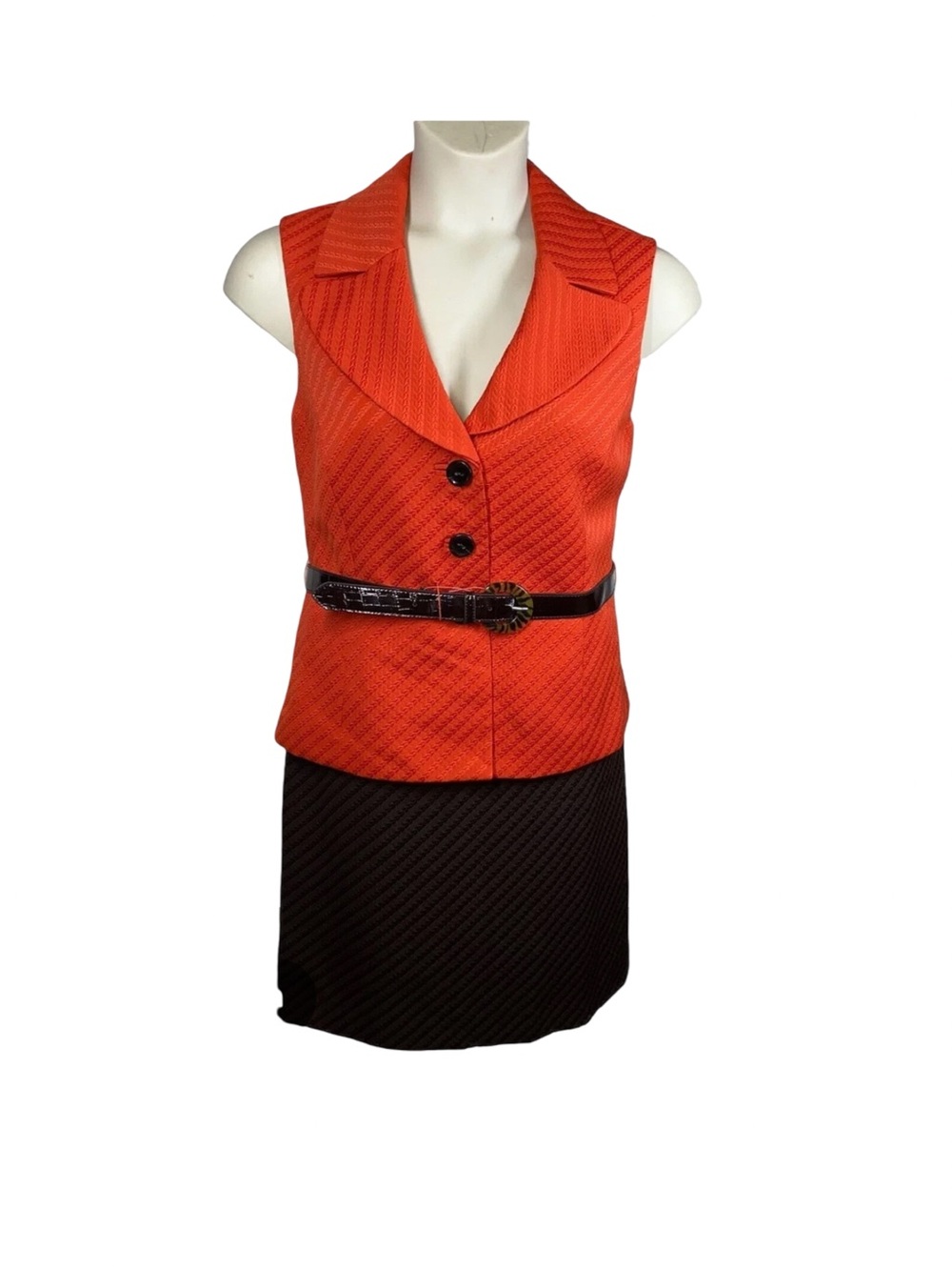Tahari Sleeveless Orange Textured Vest & dark Brown Skirt Set - Women's Set